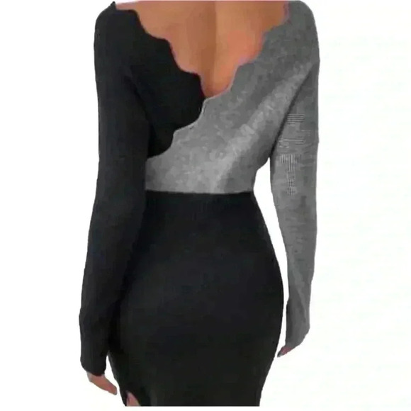 Sweater dress COLOR BLOCK ribbed knit faux wrap bodycon black gray women medium - Picture 3 of 16
